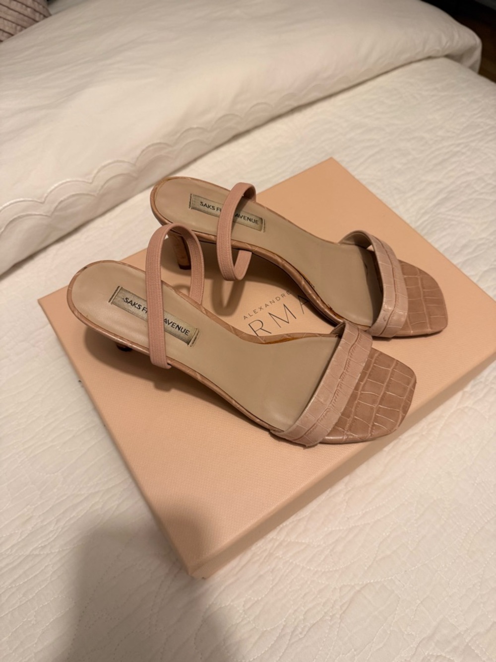 Saks Fifth Avenue Nude Blush Croc-Textured Strappy Mid-Heels